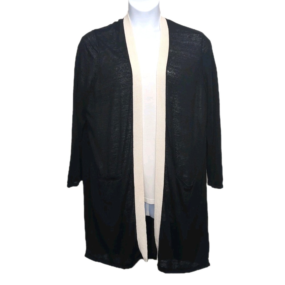 Talbots Cardigan Duster Plus Petite 3XP Black Linen Blend Open Front‎ Pockets